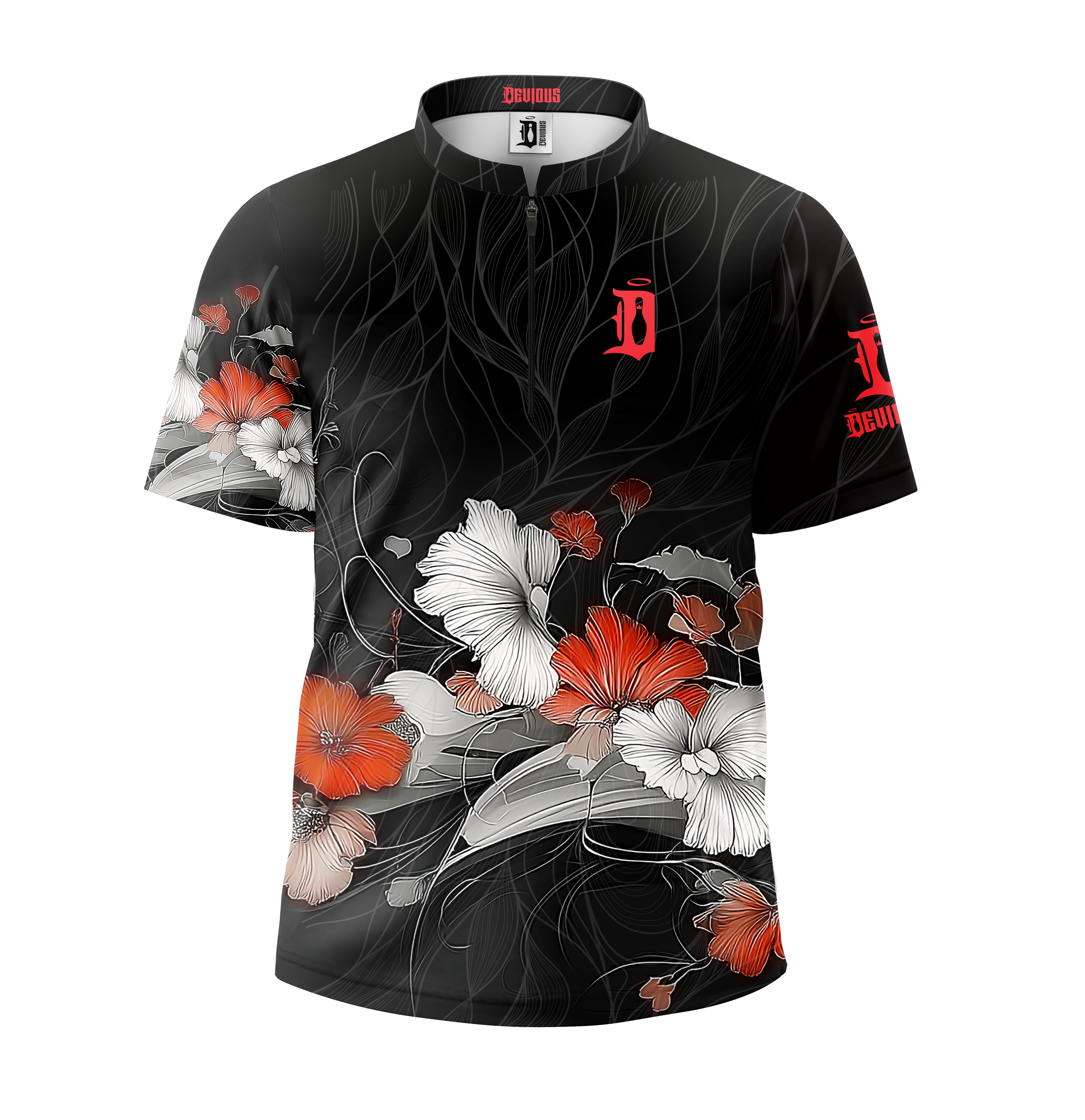 Black shirt with floral design and red logo on a white background