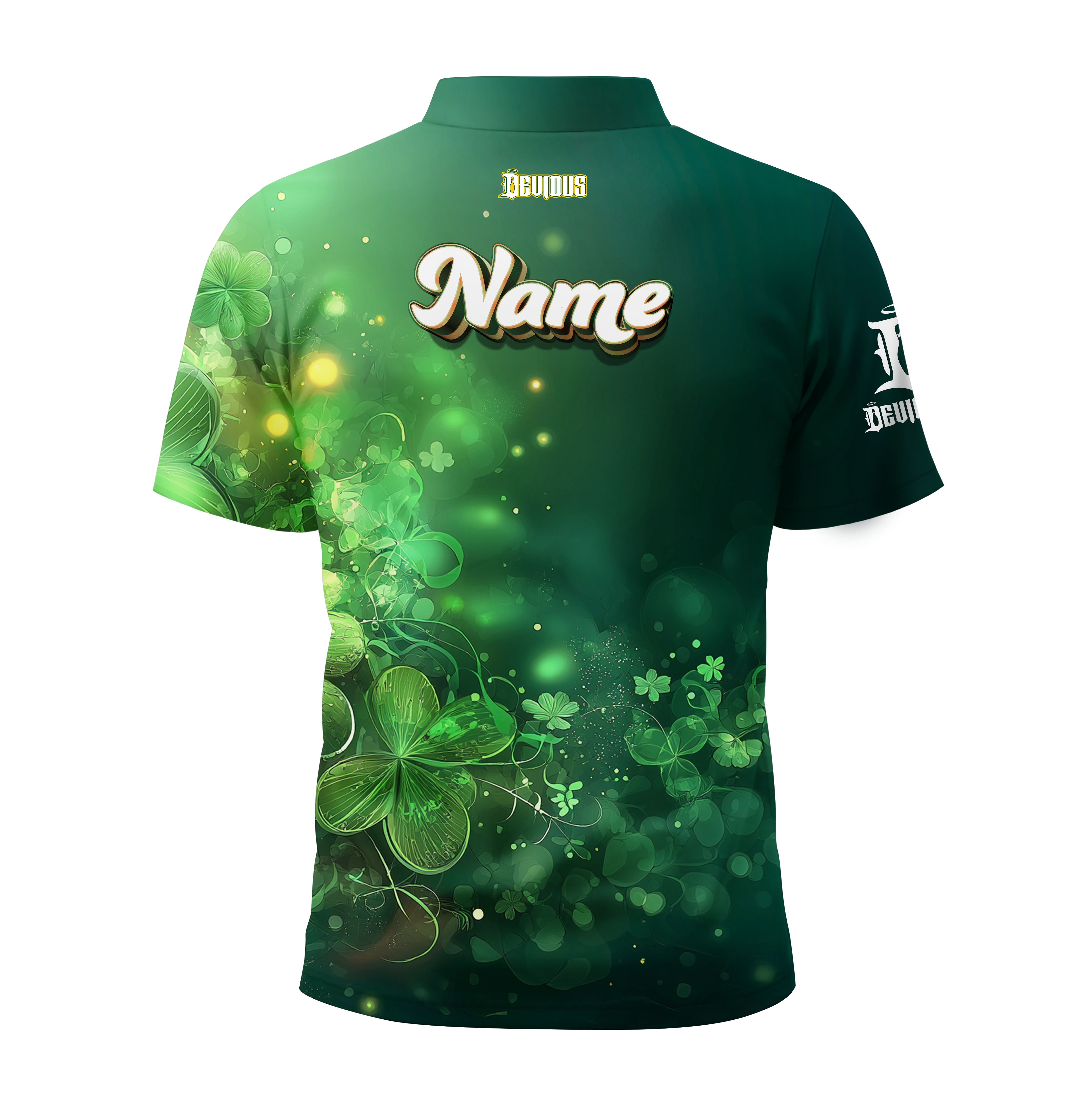 Green sports jersey with shamrock design and 'Devious' branding on a white background