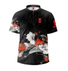 Black shirt with floral design and red logo on a white background
