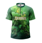Green sports jersey with shamrock design and 'Devious' branding on a white background