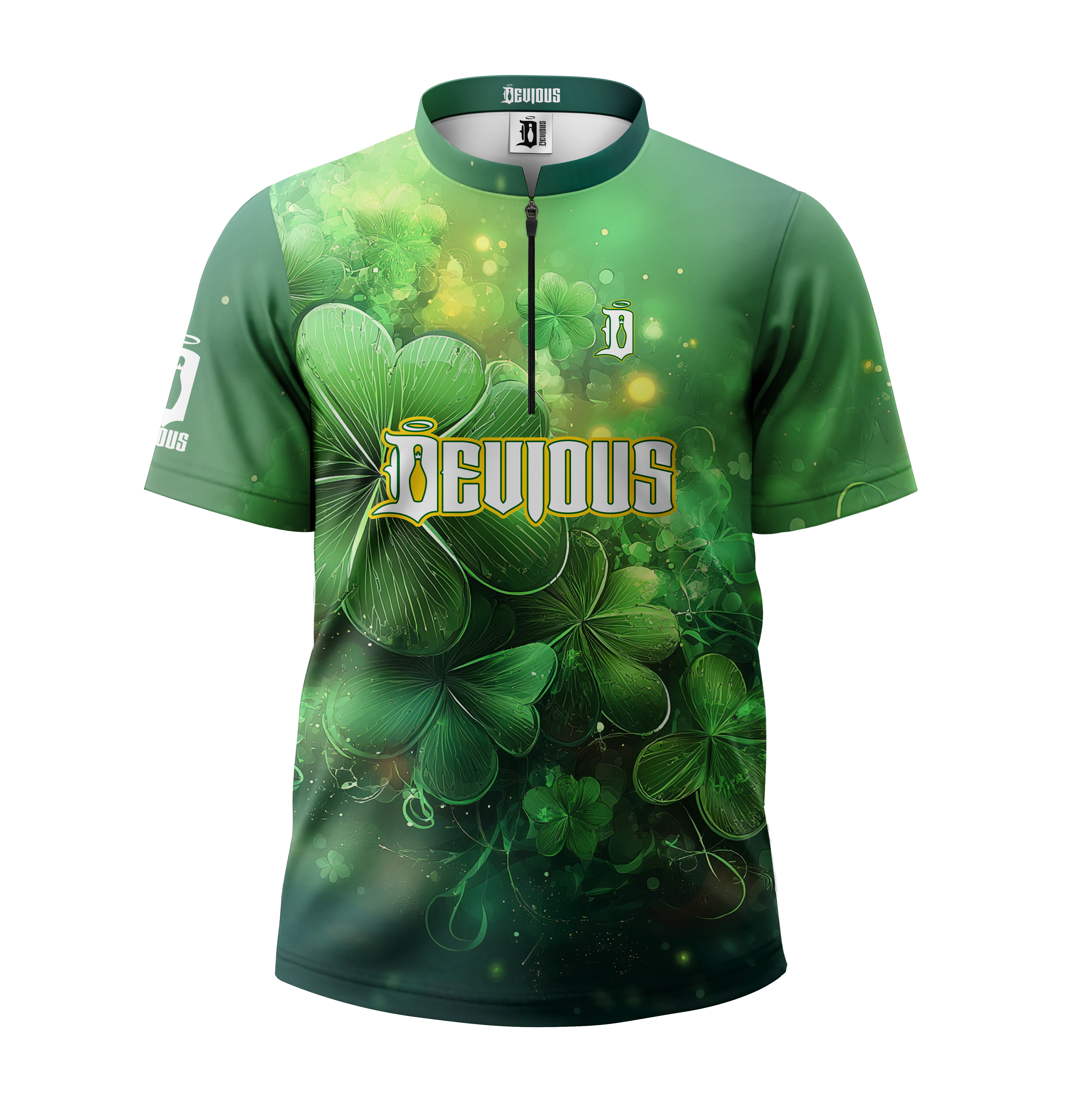 Green sports jersey with shamrock design and 'Devious' branding on a white background